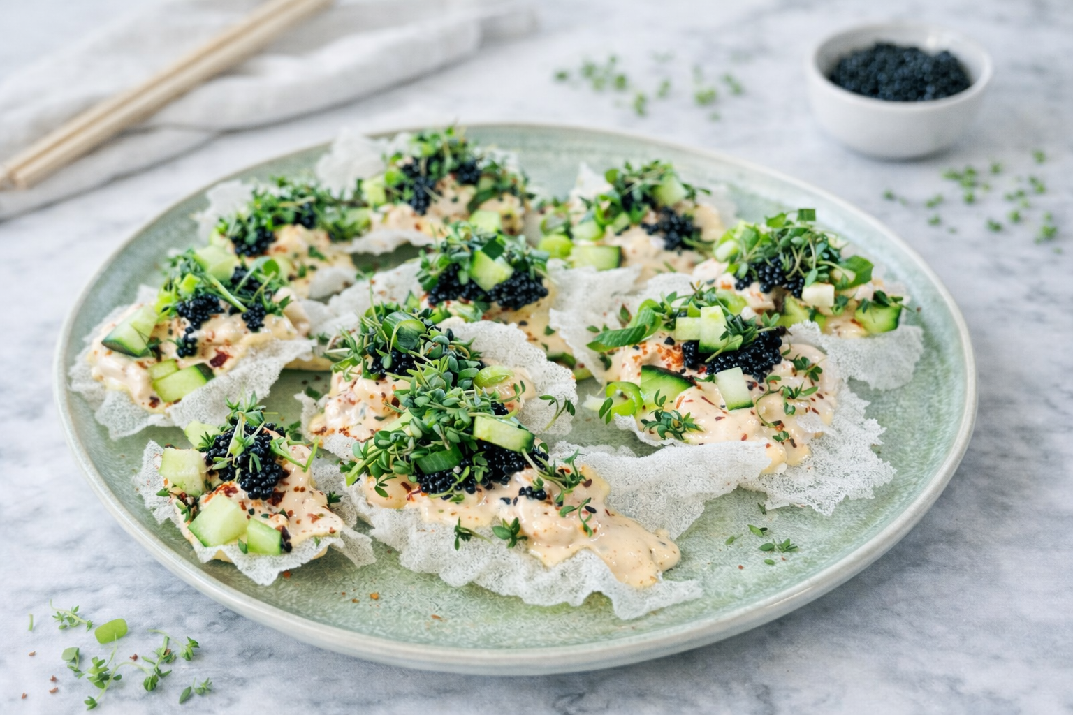 Nacho sushi med Skagensrejer på sprødt rispapir toppet med japansk mayo, rogn, agurk, forårsløg og karse.