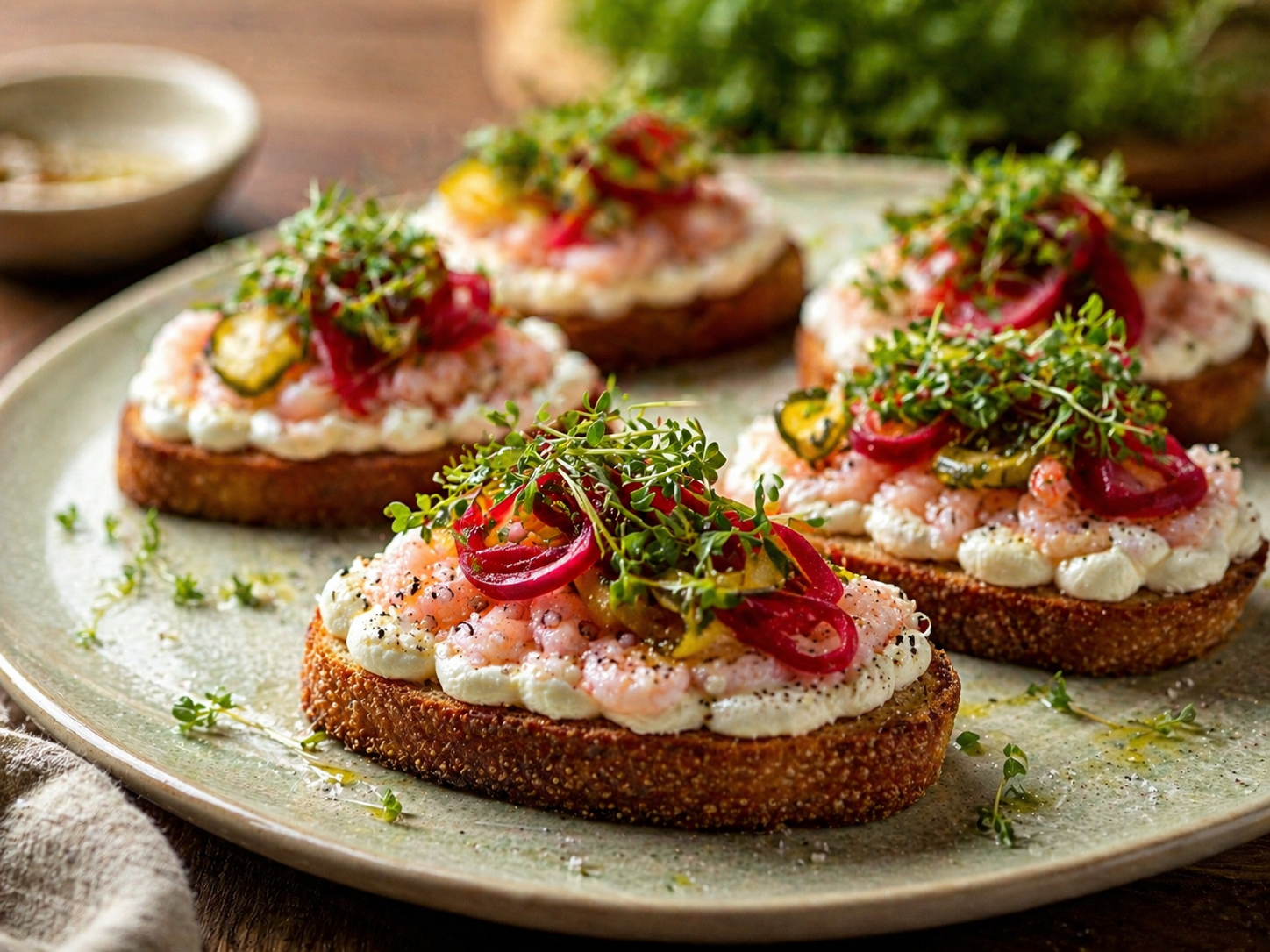 Sprøde bruschetta med ricotta og skagensrejer