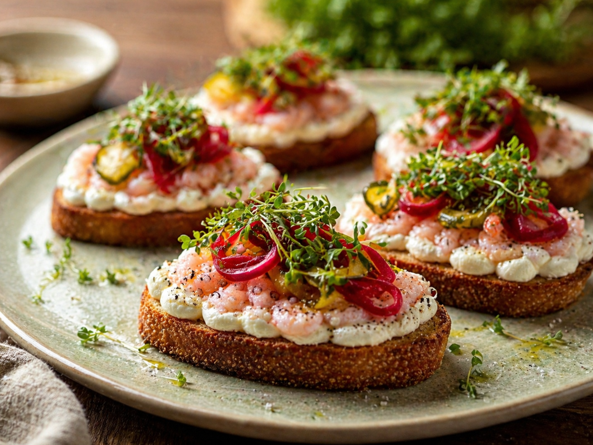 Lækre bruschetta med ricotta og Skagensrejer