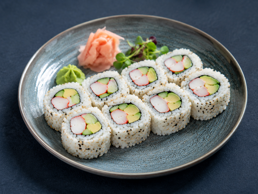California-roll med surimi, wasabi og ingefær