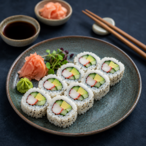 Sushitallerken med wasabi og ingefær