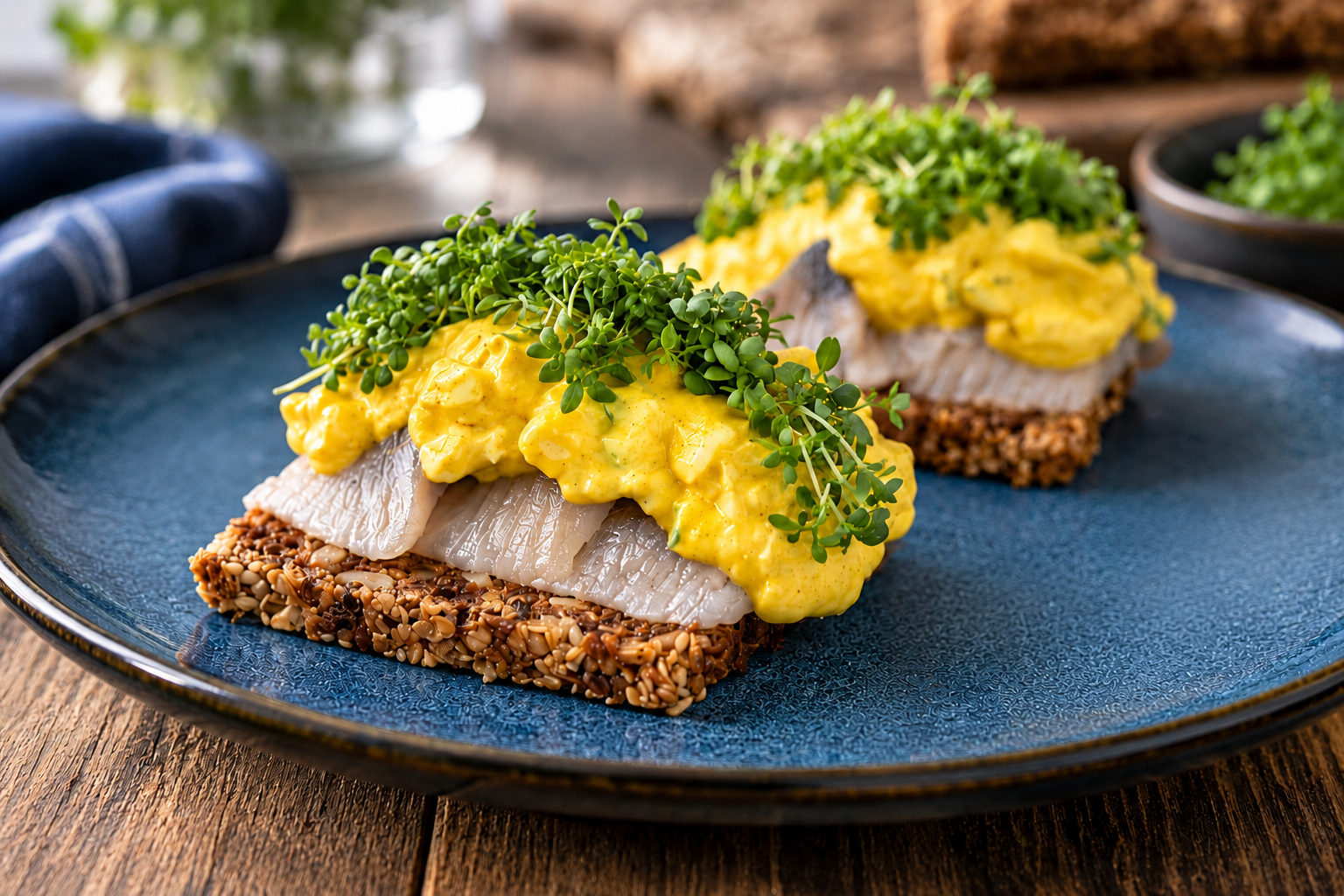Sildemad med hjemmelavet karrysalat, æg og karse på rugbrød