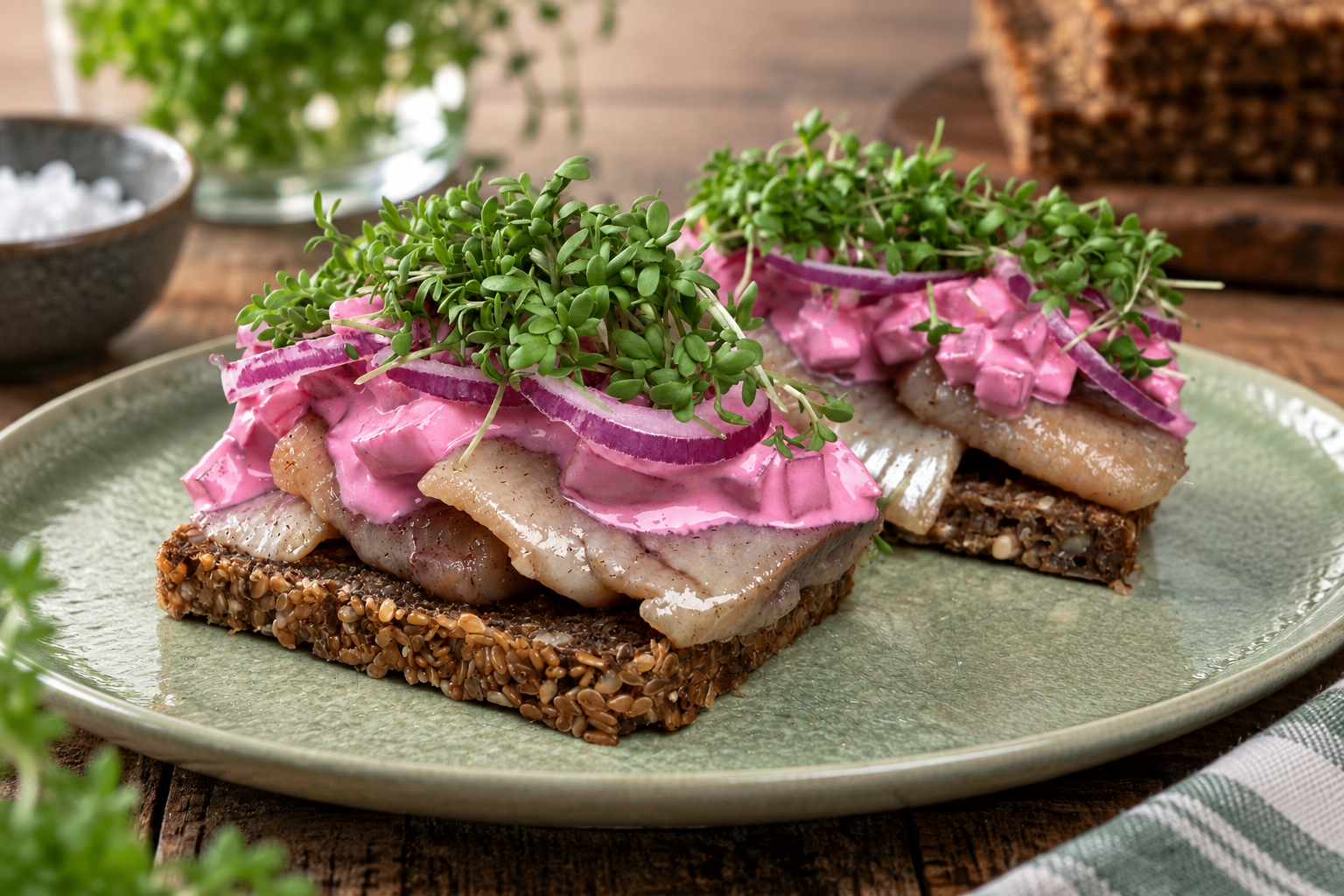 Russisk salat med sild fra Launis med rugbrød og karse